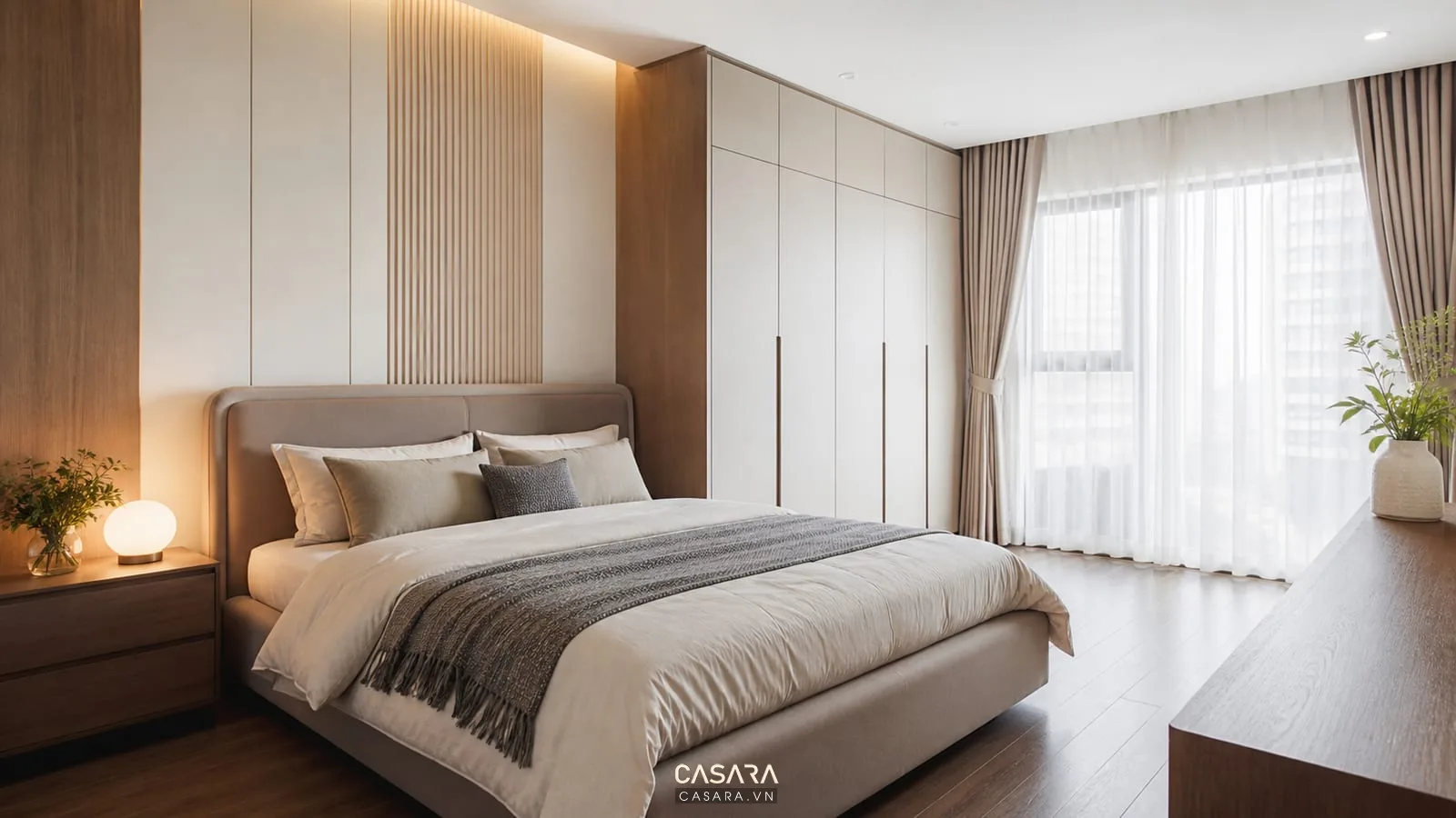 Phòng ngủ trong thiết kế nội thất chung cư Goldmark City với giường và tủ áo kịch trần