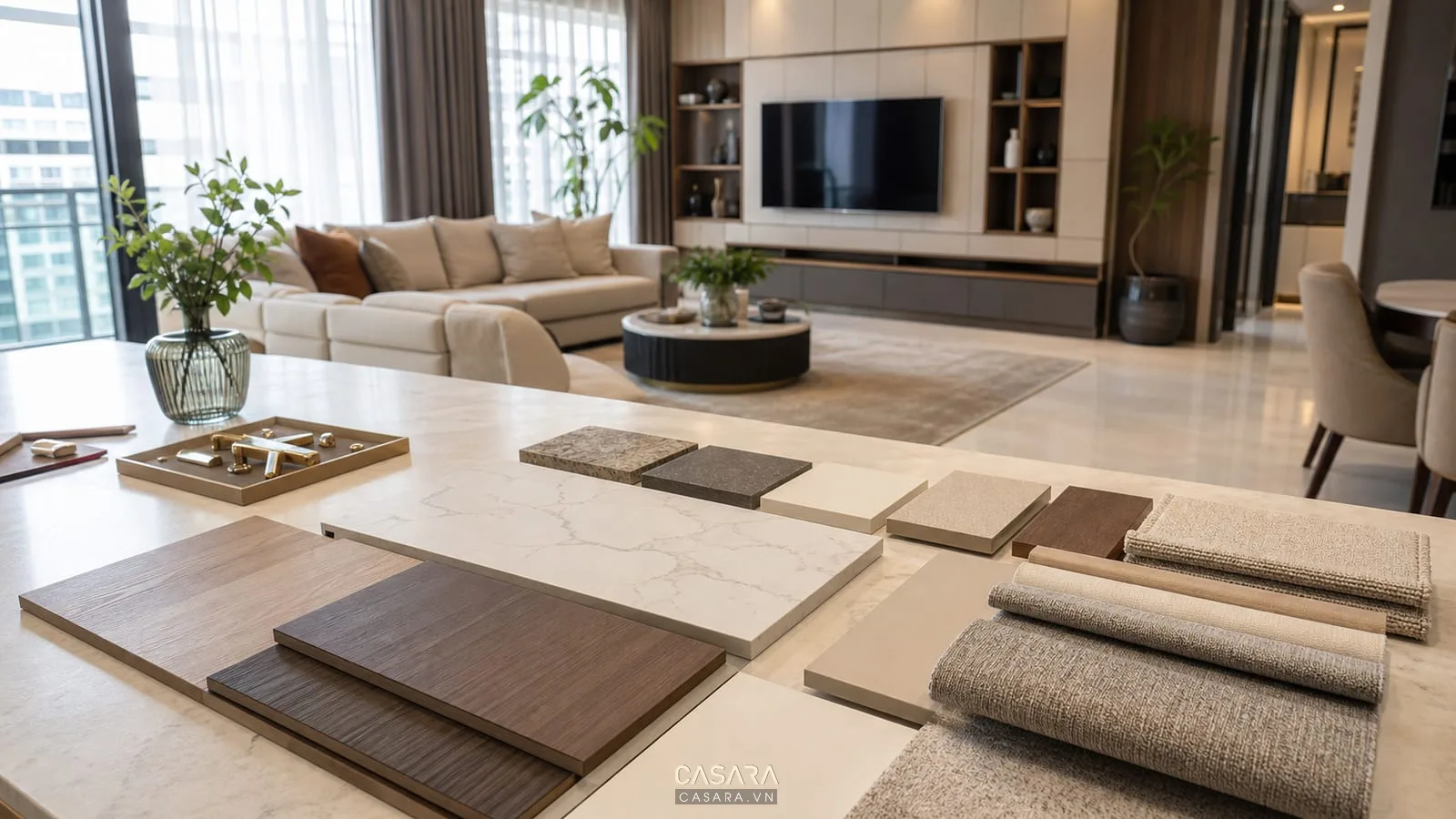 Vật liệu gỗ đá và vải cho thiết kế nội thất chung cư Goldmark City