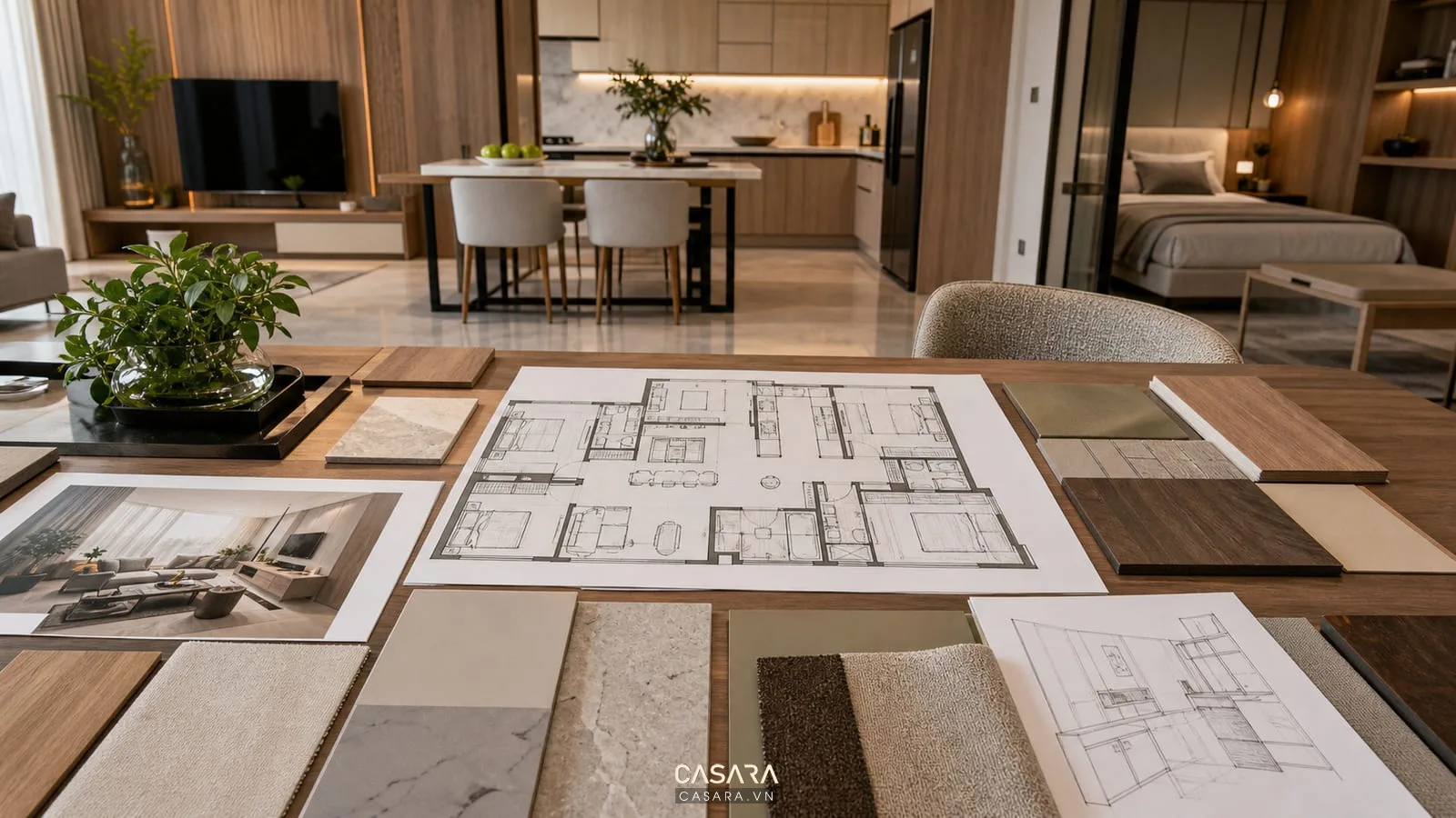 Bản vẽ và moodboard vật liệu cho thiết kế nội thất chung cư Goldmark City