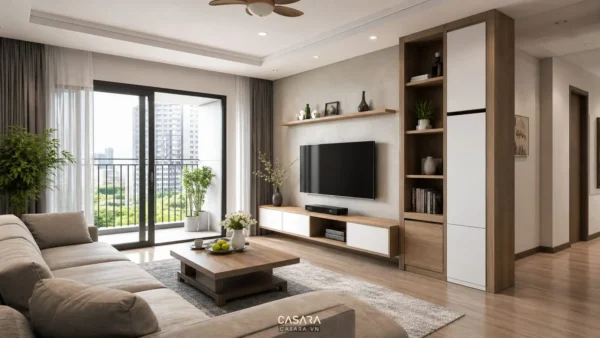 Thiết kế nội thất chung cư Hà Nội với phòng khách hiện đại và sofa sáng màu
