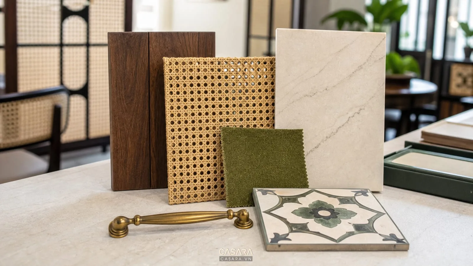 vật liệu thiết kế nội thất chung cư indochine gỗ mây đá vải