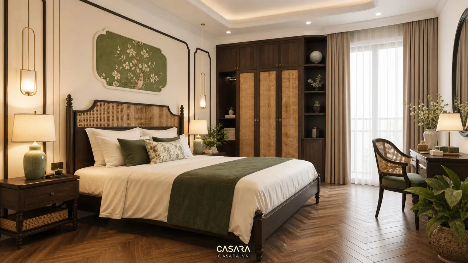 phòng ngủ thiết kế nội thất chung cư indochine có giường và tủ áo