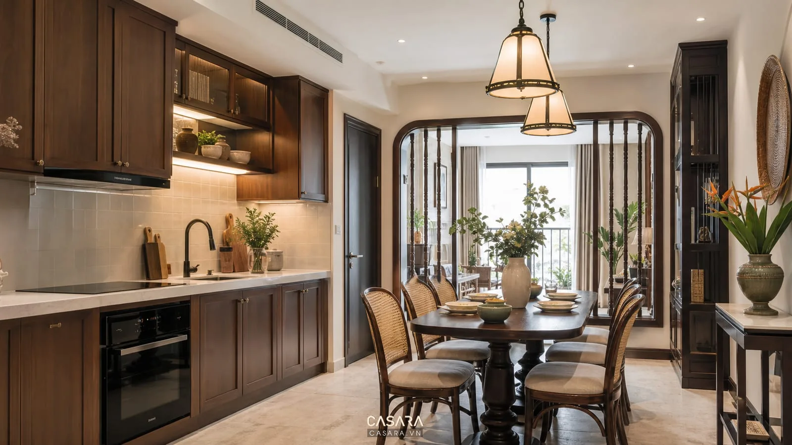 bếp bàn ăn thiết kế nội thất chung cư indochine tủ bếp gỗ ghế mây