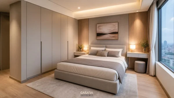 Thiết kế nội thất chung cư Infiniti với phòng ngủ hiện đại và lối đi quanh giường