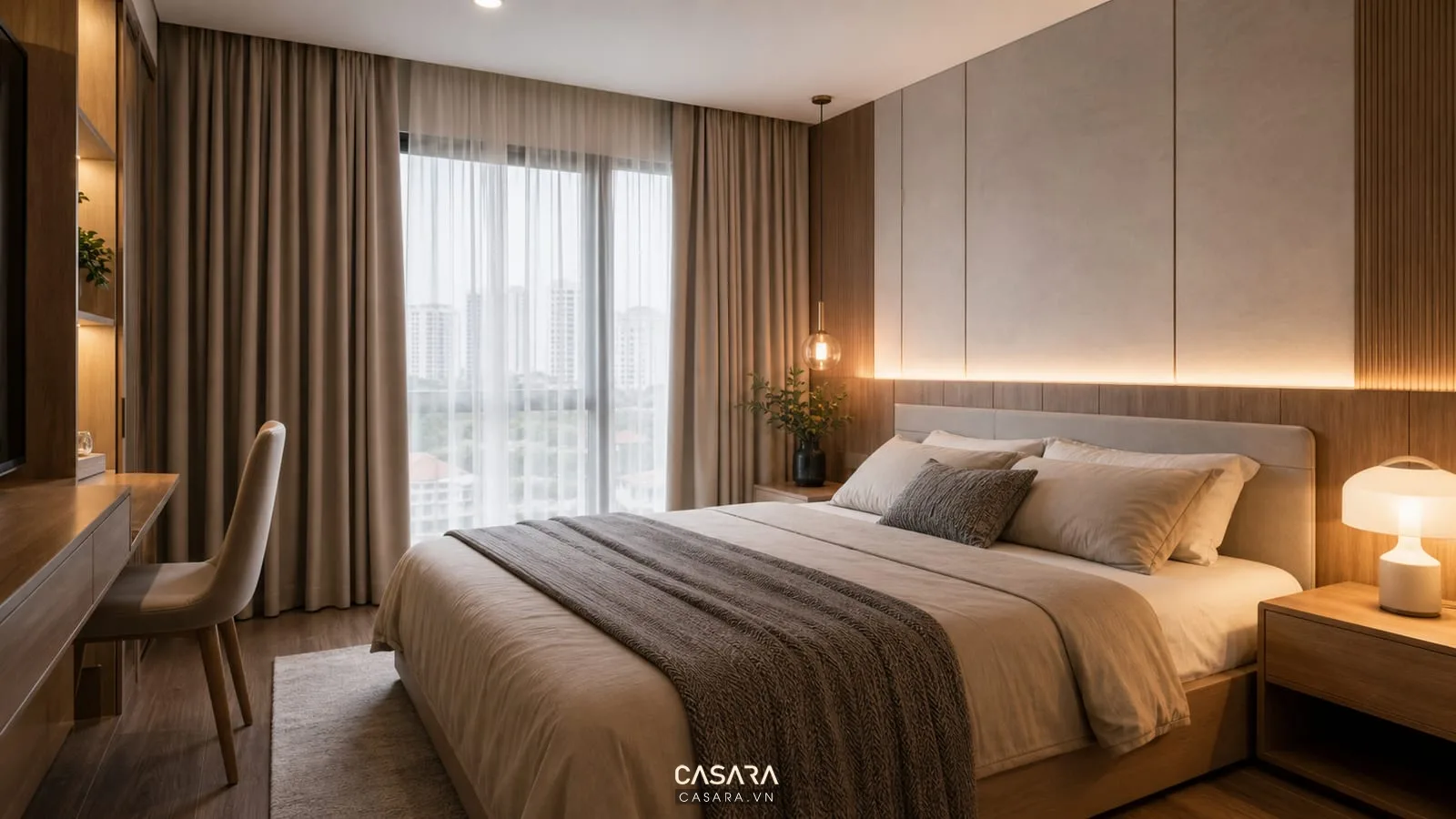 Phòng ngủ chung cư Infiniti với ánh sáng ấm rèm hai lớp và vách đầu giường