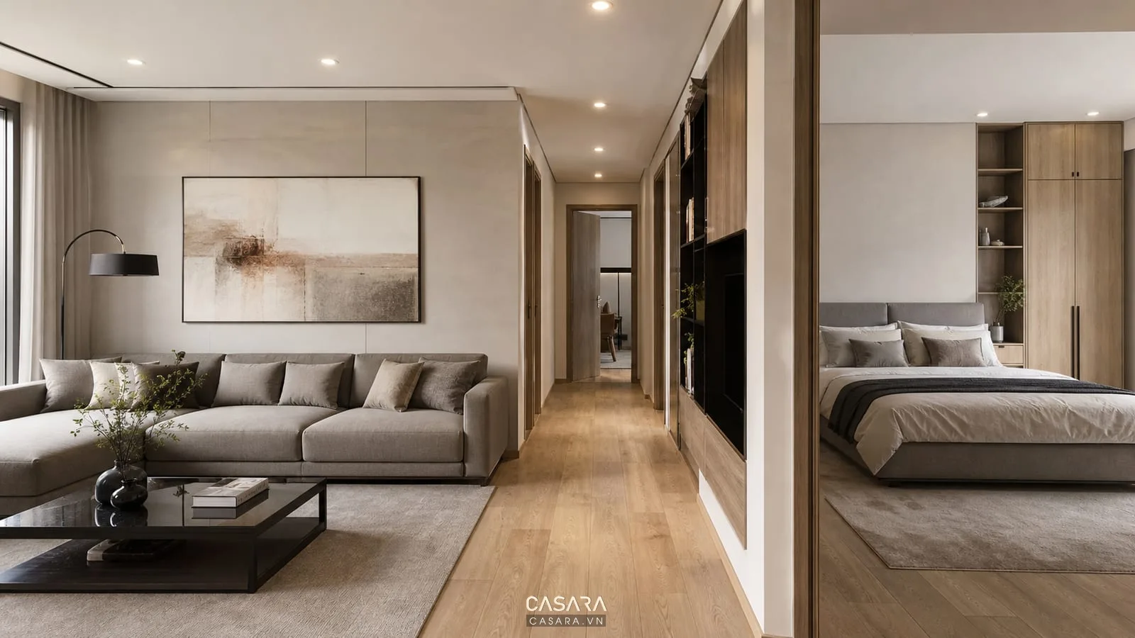 Nội thất chung cư Infiniti đồng bộ giữa phòng khách hành lang và phòng ngủ