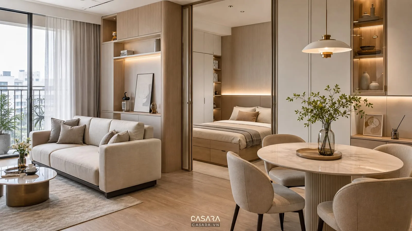 Thiết kế nội thất chung cư luxury diện tích nhỏ với tủ âm tường bàn ăn gọn và phòng ngủ sáng