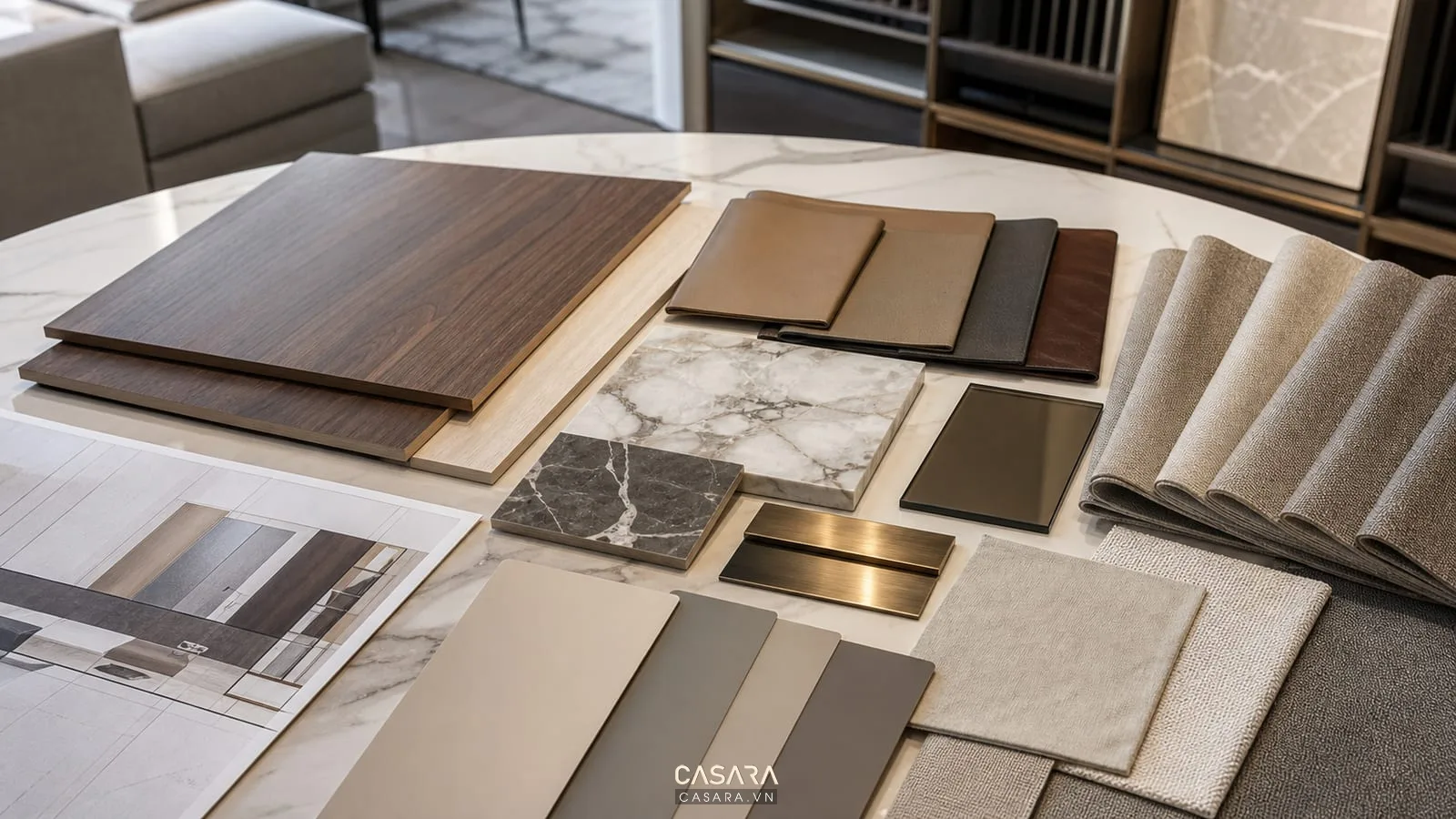 Bảng vật liệu thiết kế nội thất chung cư luxury với gỗ đá da vải kính và kim loại
