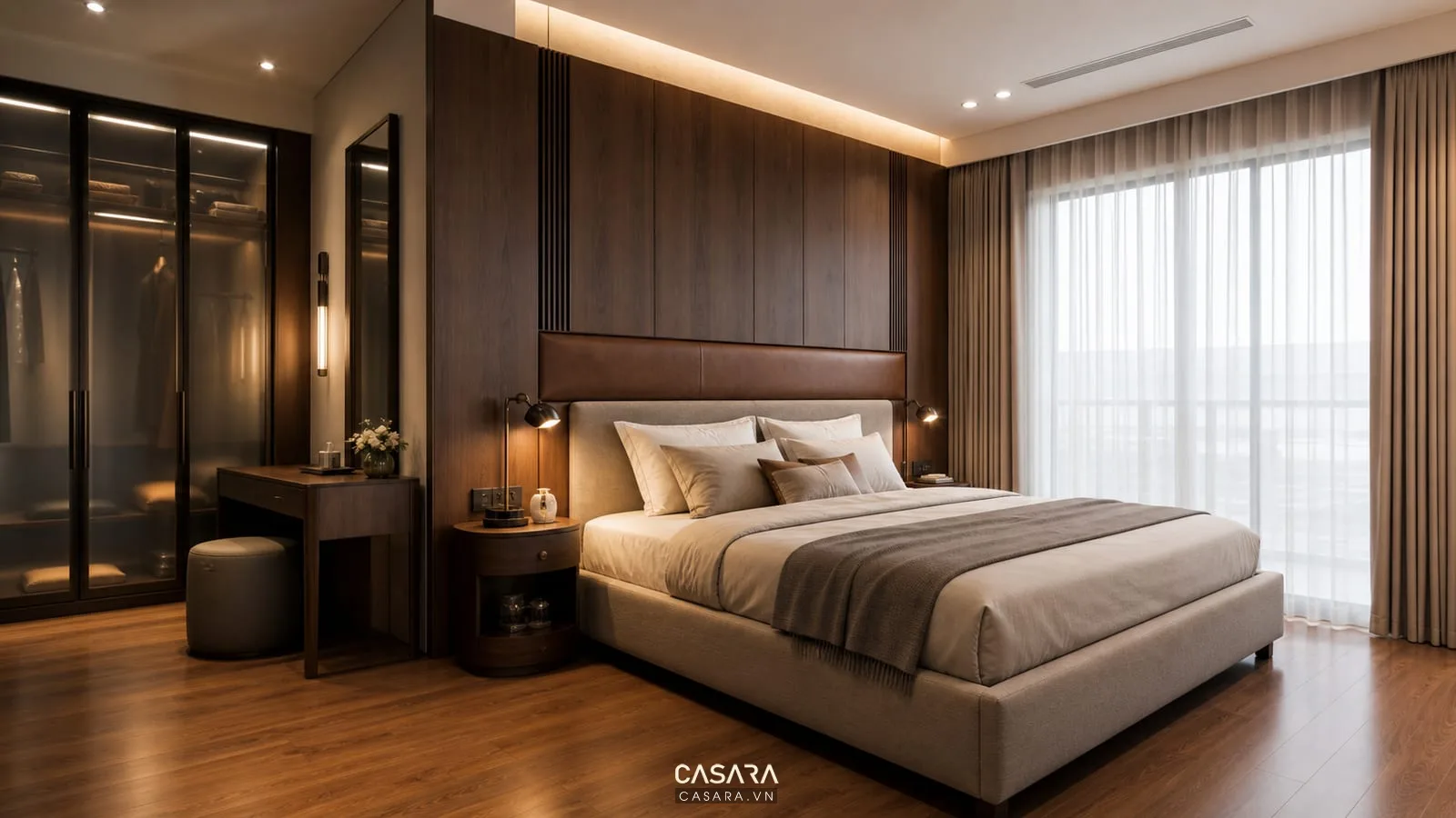 Phòng ngủ trong thiết kế nội thất chung cư luxury với giường bọc nệm tủ áo và rèm hai lớp