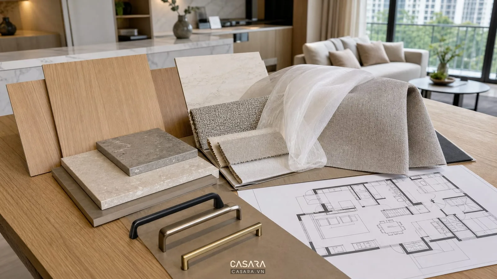 mẫu vật liệu cho thiết kế nội thất chung cư ở Hà Nội với gỗ đá vải rèm