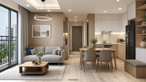 Phòng khách và bếp liên thông trong căn hộ 80m2 với nội thất gỗ sáng màu