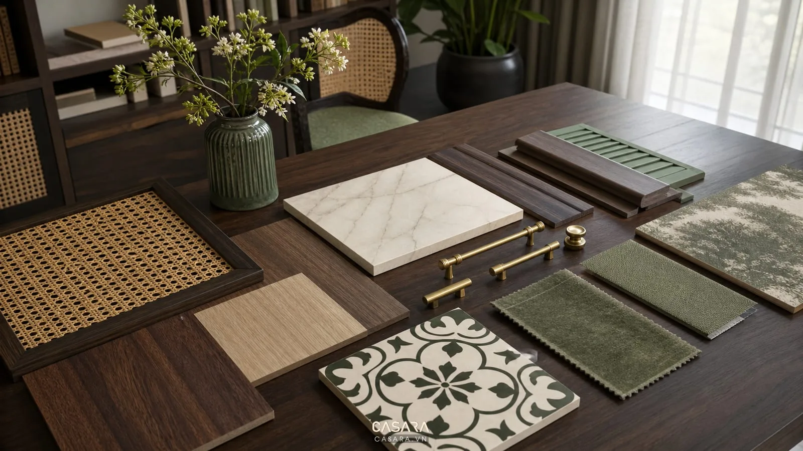 vật liệu thiết kế nội thất chung cư phong cách indochine với gỗ mây đá và gạch bông