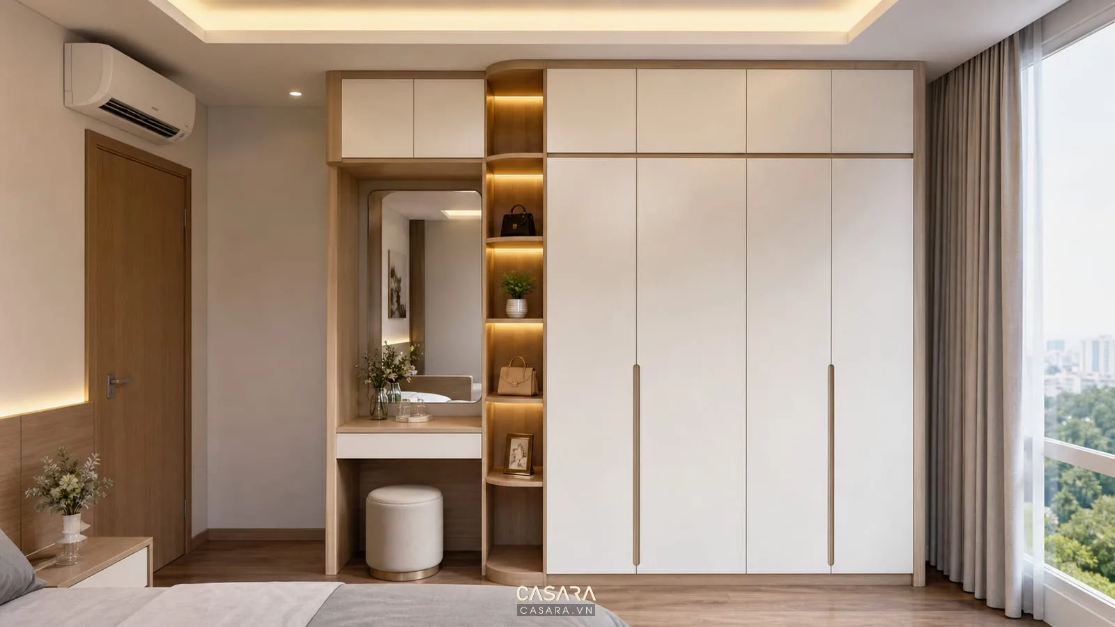 Hệ tủ áo kịch trần và bàn trang điểm trong phòng ngủ chung cư hiện đại