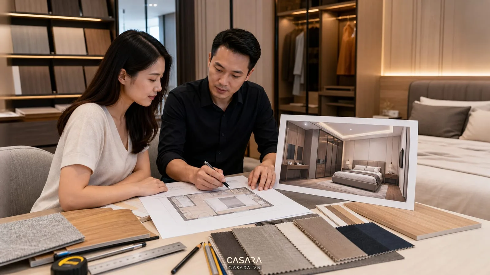 Tư vấn thiết kế nội thất chung cư quận 12 với bản vẽ phòng ngủ và mẫu vật liệu