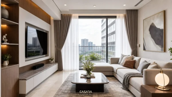 Phòng khách căn hộ có sofa chữ L, kệ tivi và cửa kính lớn đón sáng