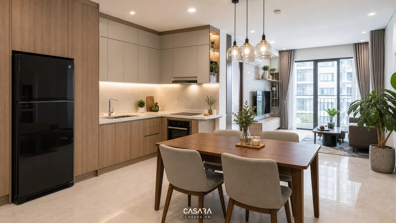 Bếp và bàn ăn trong thiết kế nội thất chung cư Quận 2 với tủ bếp chữ L và không gian khách bếp mở
