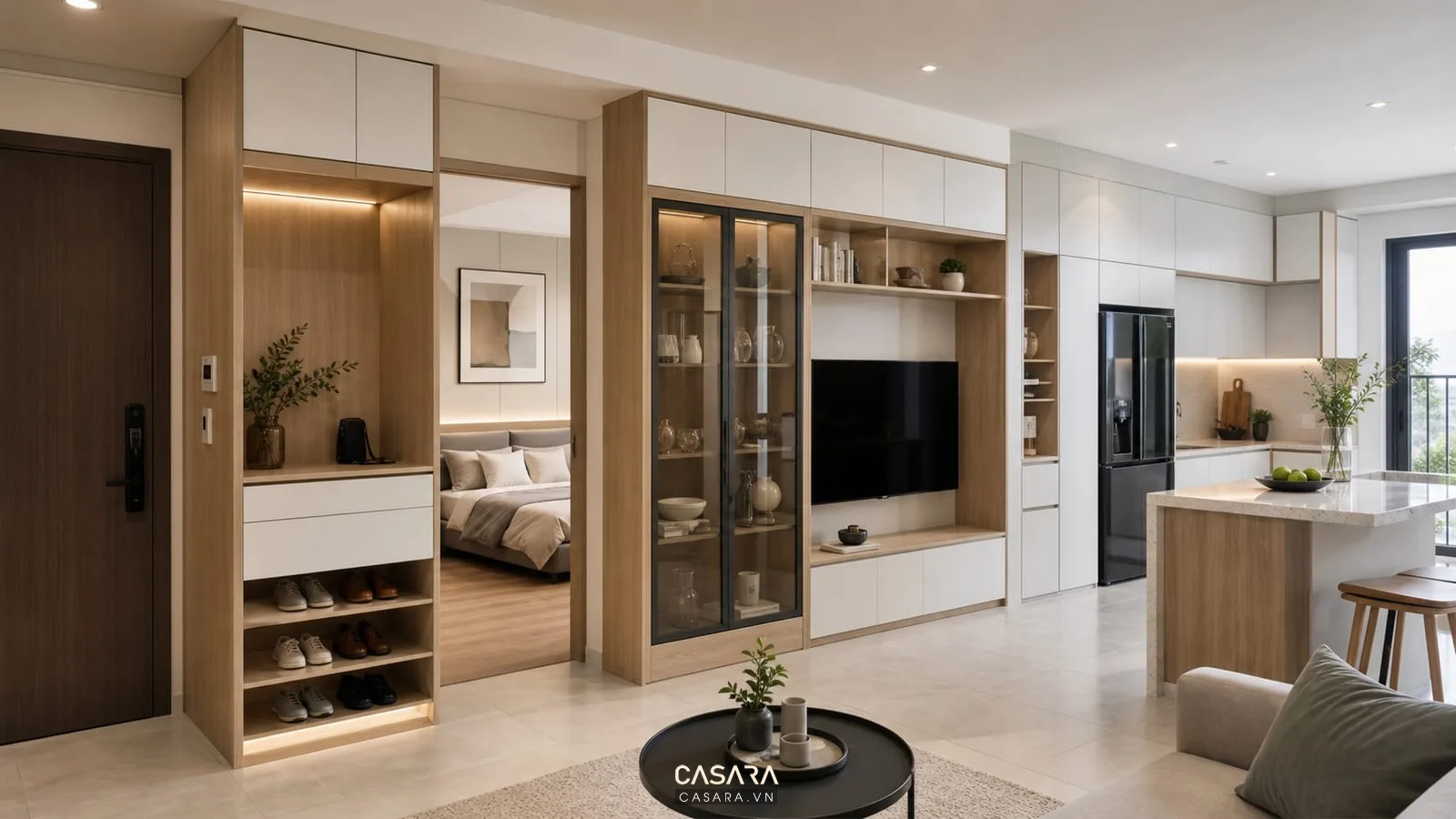 Hệ tủ lưu trữ trong thiết kế nội thất chung cư Quận 2 với tủ giày, tủ bếp và tủ áo kịch trần