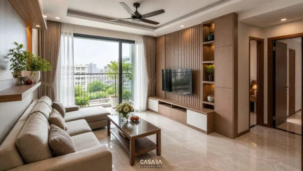 Phòng khách căn hộ có sofa chữ L, kệ tivi gỗ và cửa kính ban công lớn