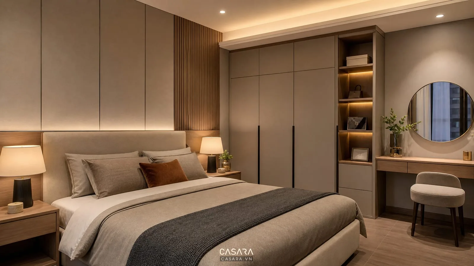 Phòng ngủ chung cư hiện đại với giường ngủ đèn đầu giường tủ quần áo và ánh sáng ấm