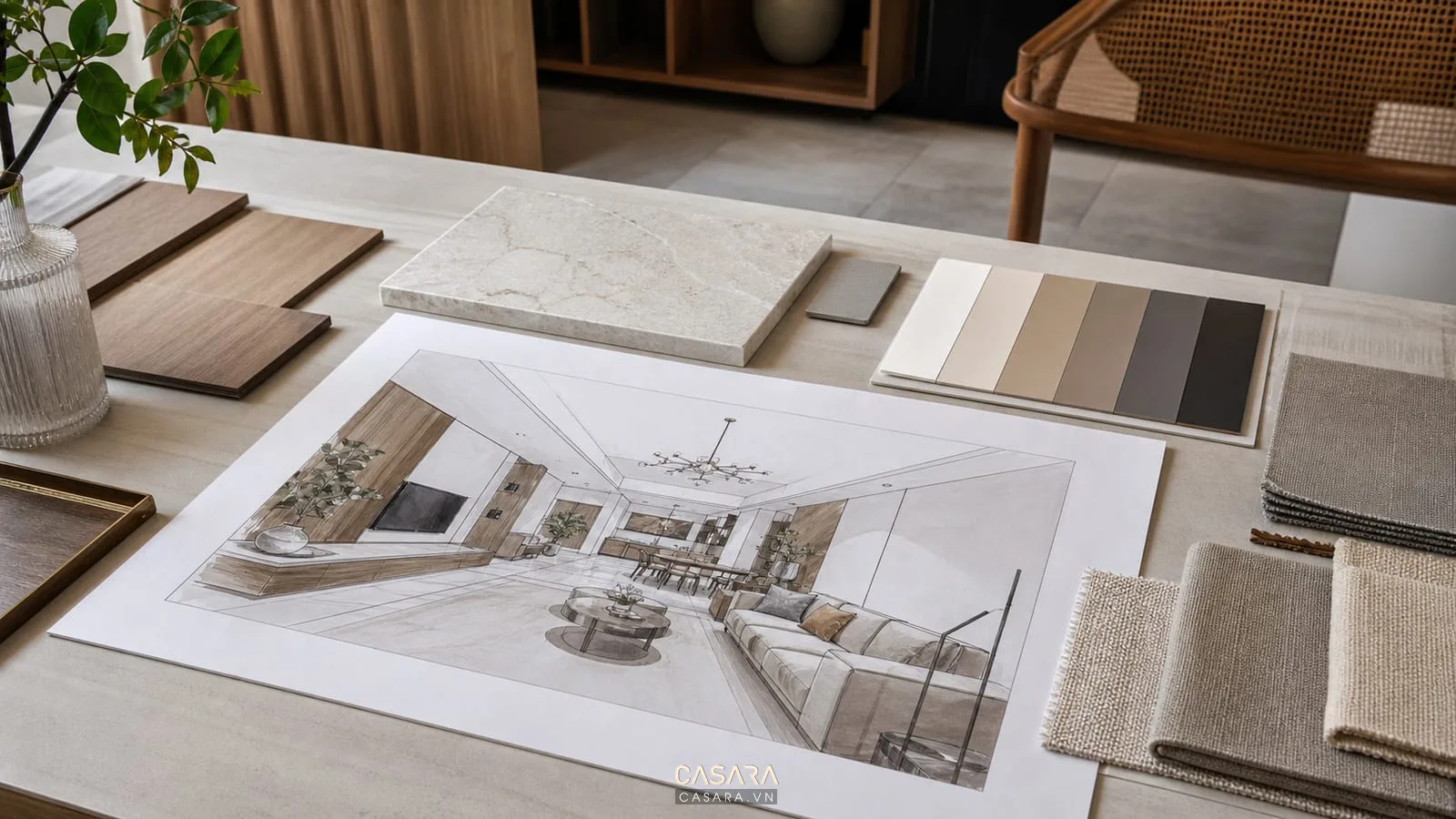 Bản vẽ phối cảnh nội thất chung cư với mẫu vật liệu gỗ đá vải sofa và bảng màu trung tính