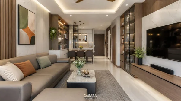 Phòng khách chung cư hiện đại với sofa, bàn trà và kệ tivi gỗ