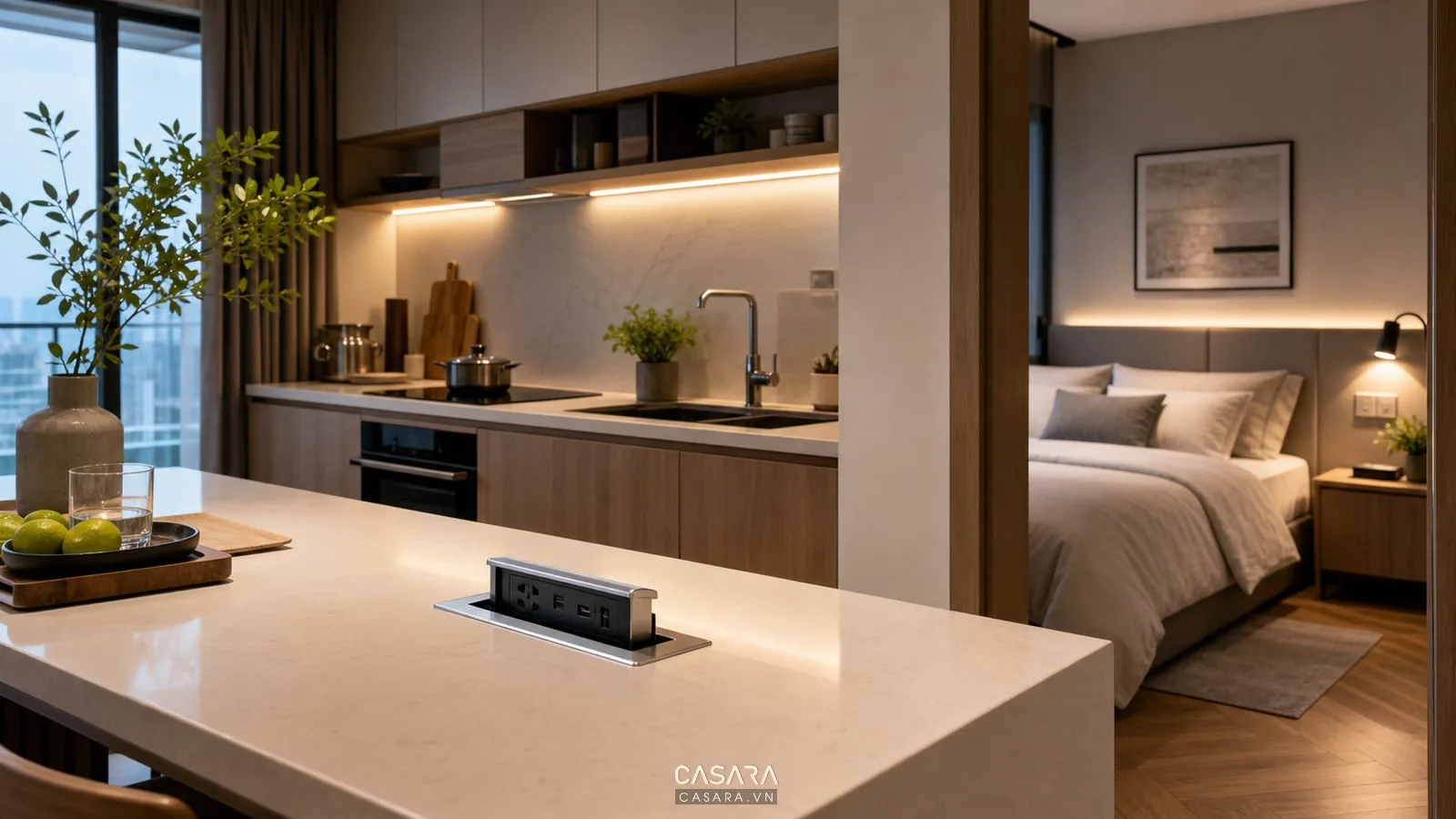 đèn led và ổ cắm trong thiết kế nội thất căn hộ chung cư