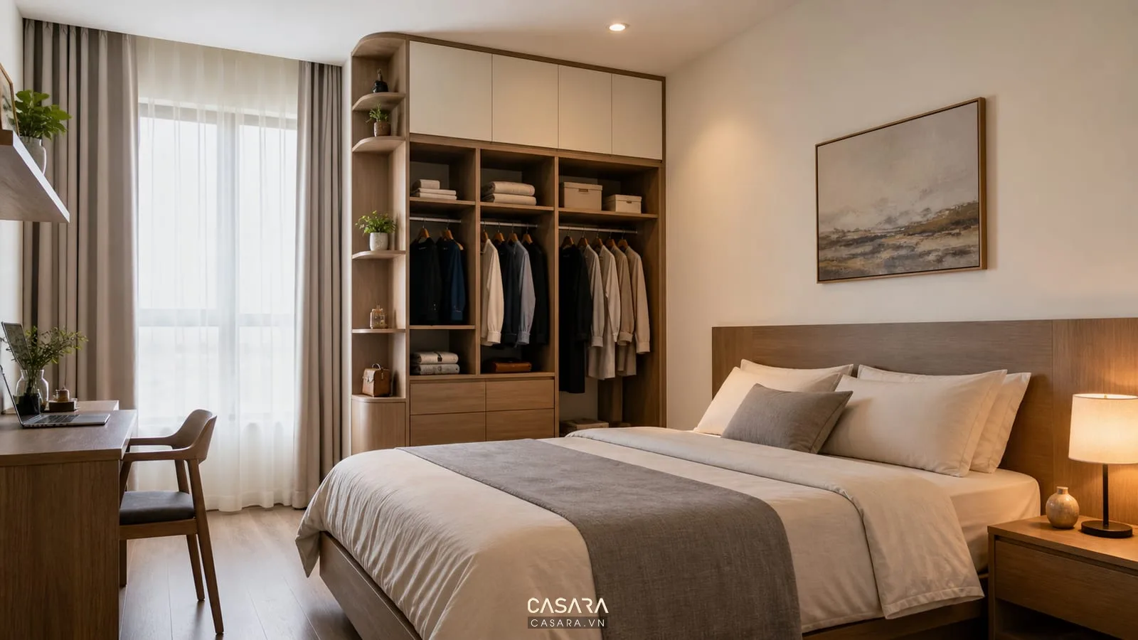 phòng ngủ chung cư có tủ áo và góc làm việc nhỏ