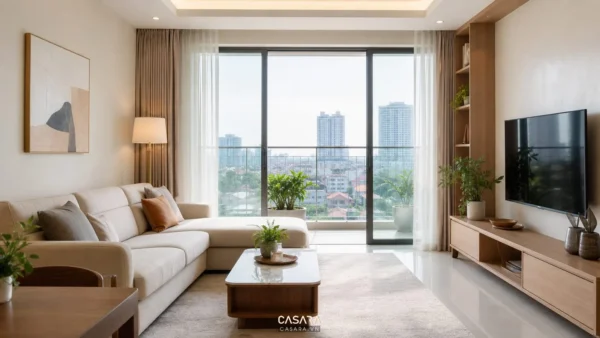 Phòng khách căn hộ có sofa chữ L, cửa kính lớn và kệ tivi gỗ