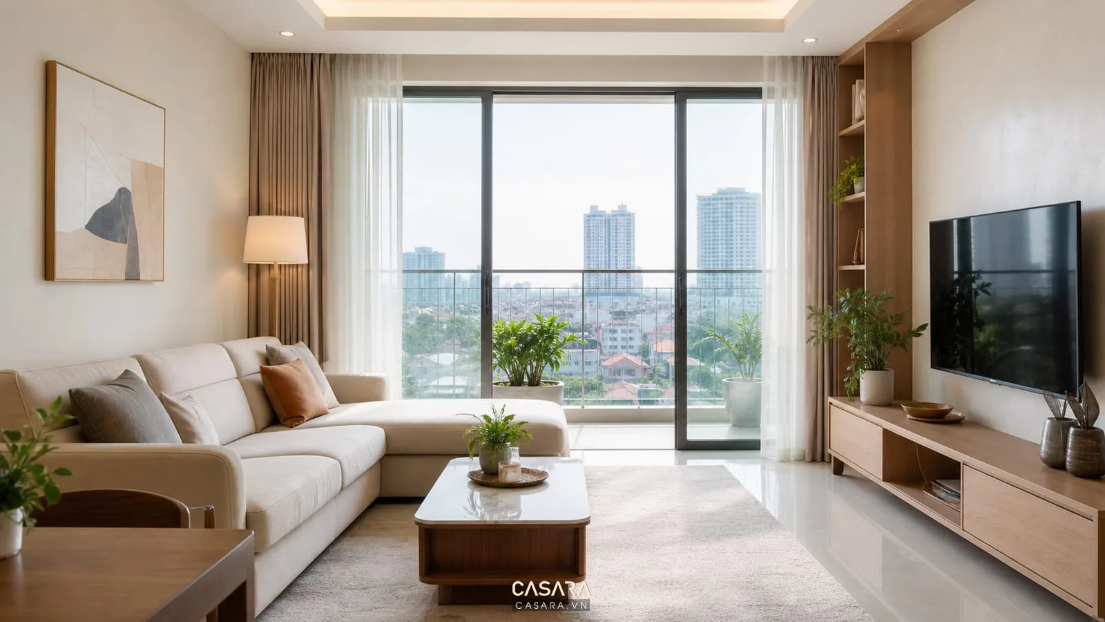 thiết kế nội thất chung cư quận 7 với phòng khách hiện đại sáng thoáng