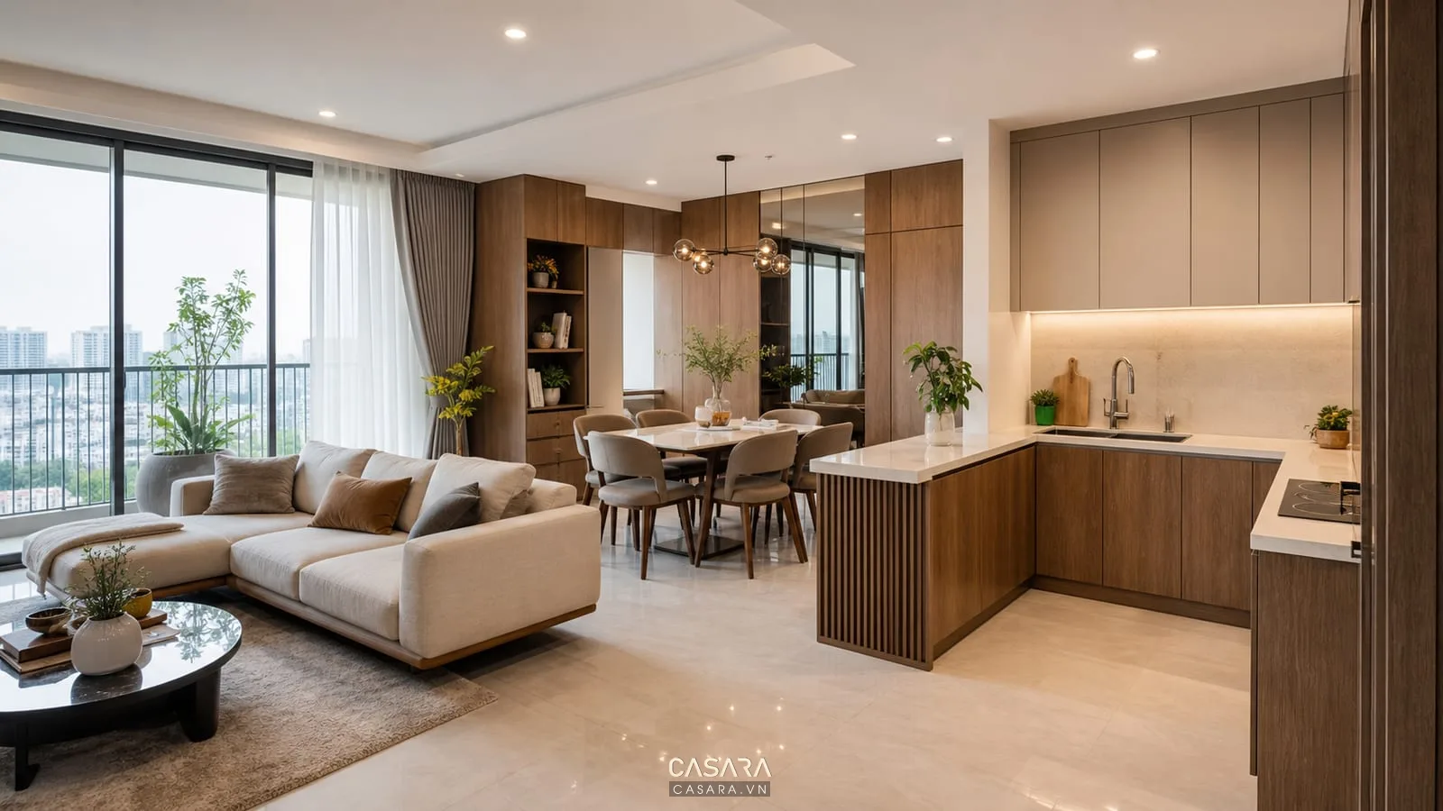 nội thất chung cư quận 7 với phòng khách bếp và bàn ăn liên thông