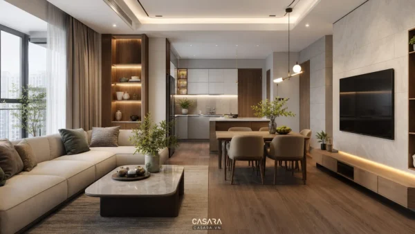 Phòng khách liền bếp với sofa chữ L, bàn ăn và kệ tivi treo tường