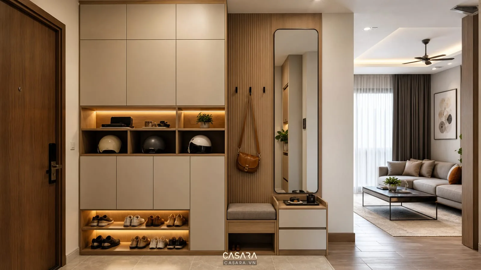 tủ giày trong thiết kế nội thất chung cư quận 8 với ghế thay giày và gương