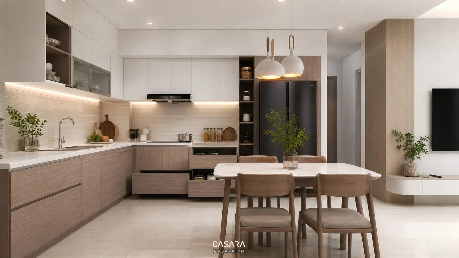 bếp mở và bàn ăn trong thiết kế nội thất chung cư quận 8