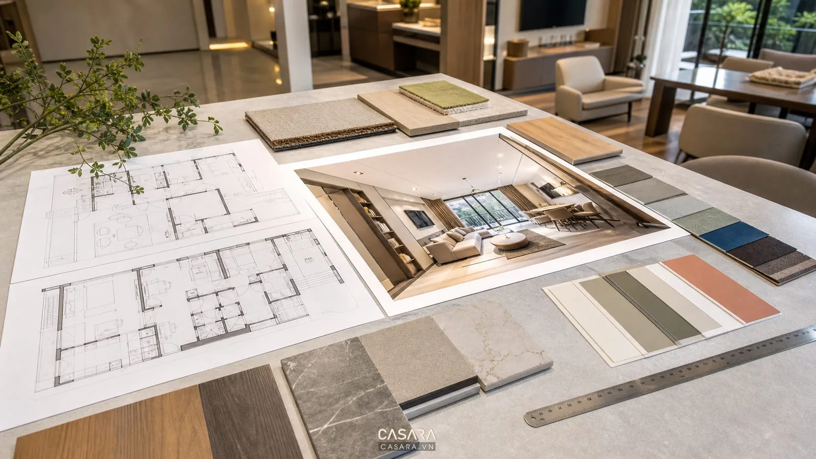Bản vẽ thiết kế nội thất chung cư phối cảnh 3D và mẫu vật liệu gỗ đá vải trên bàn tư vấn