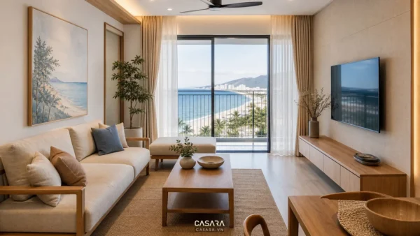 Phòng khách căn hộ ven biển với sofa sáng màu, rèm mỏng và ban công nhìn ra biển