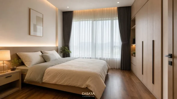 Phòng ngủ có giường gỗ sáng, tủ áo sát trần và rèm cửa lớn