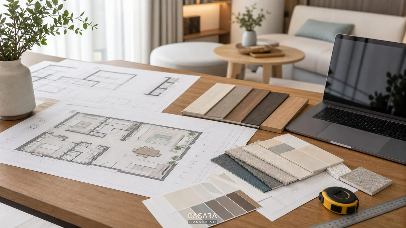 Bản vẽ thiết kế nội thất chung cư với mẫu vật liệu và bảng màu sáng