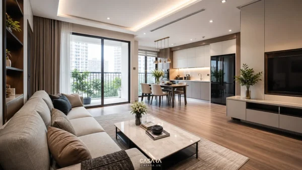 Phòng khách liền bếp với sofa sáng màu, bàn ăn và cửa kính ban công