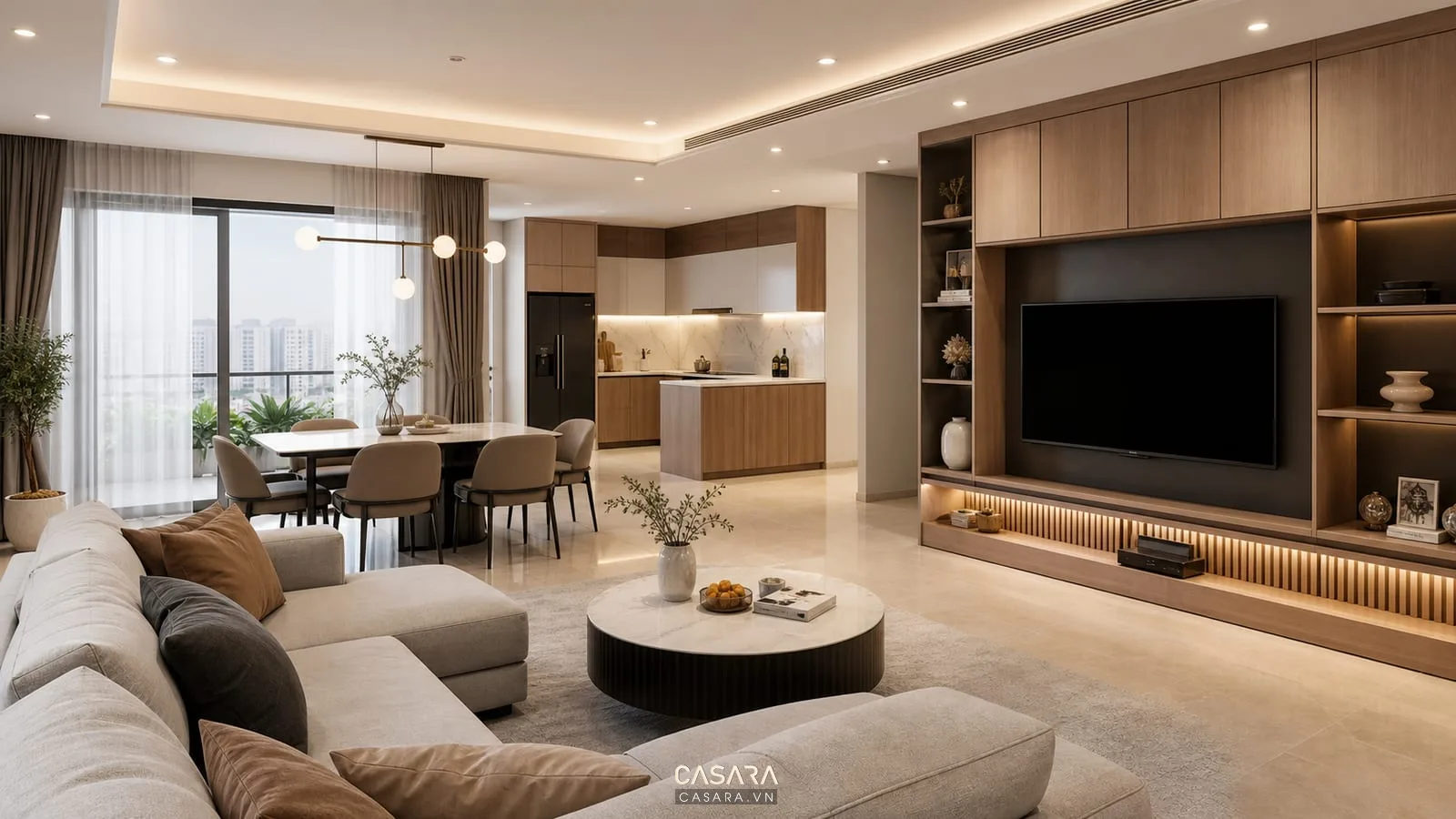 Thiết kế nội thất chung cư 105m2 với phòng khách bếp mở