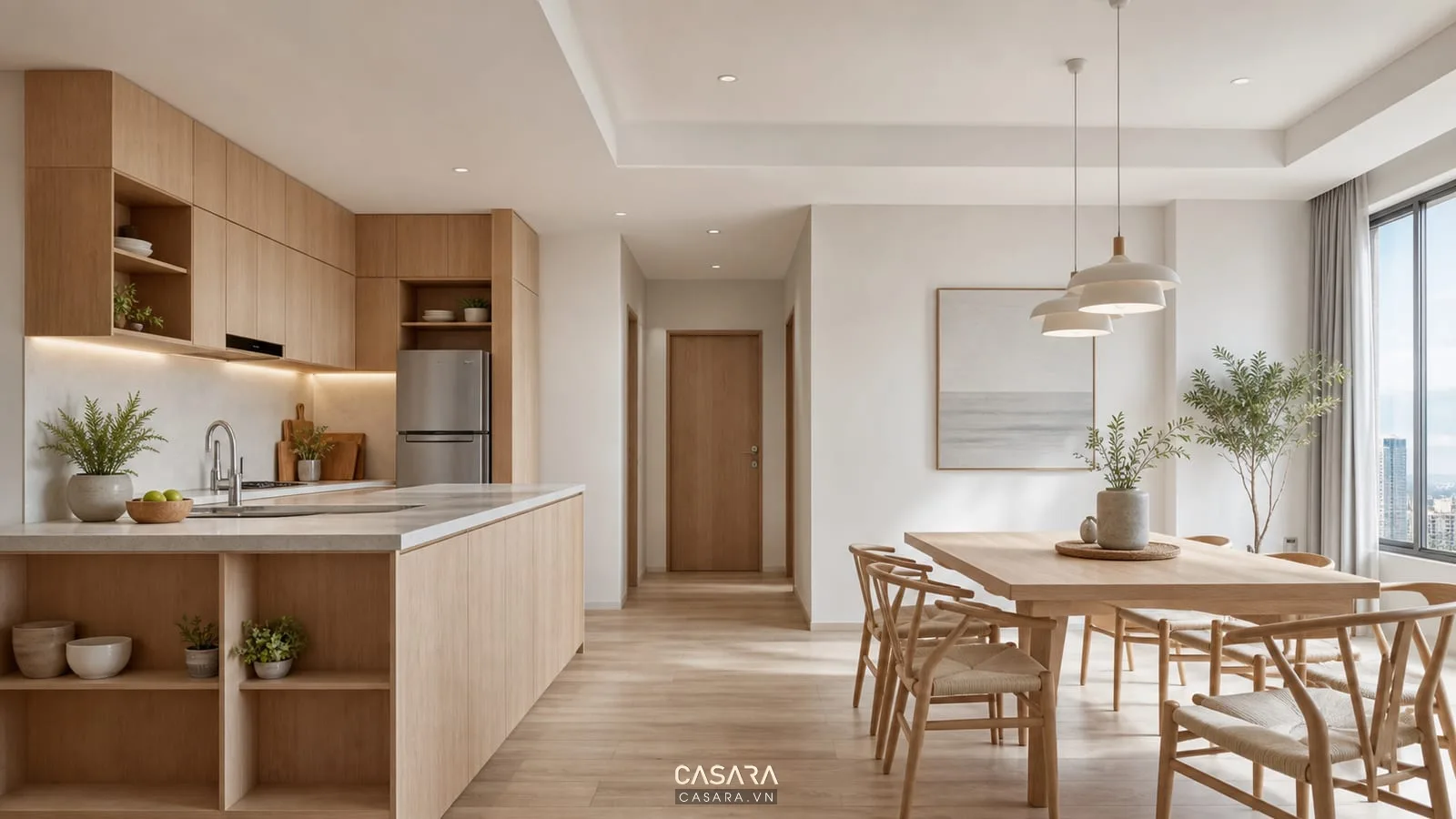 Căn hộ chung cư scandinavian với bếp gỗ sáng, bàn ăn liên thông và đèn thả nhẹ nhàng