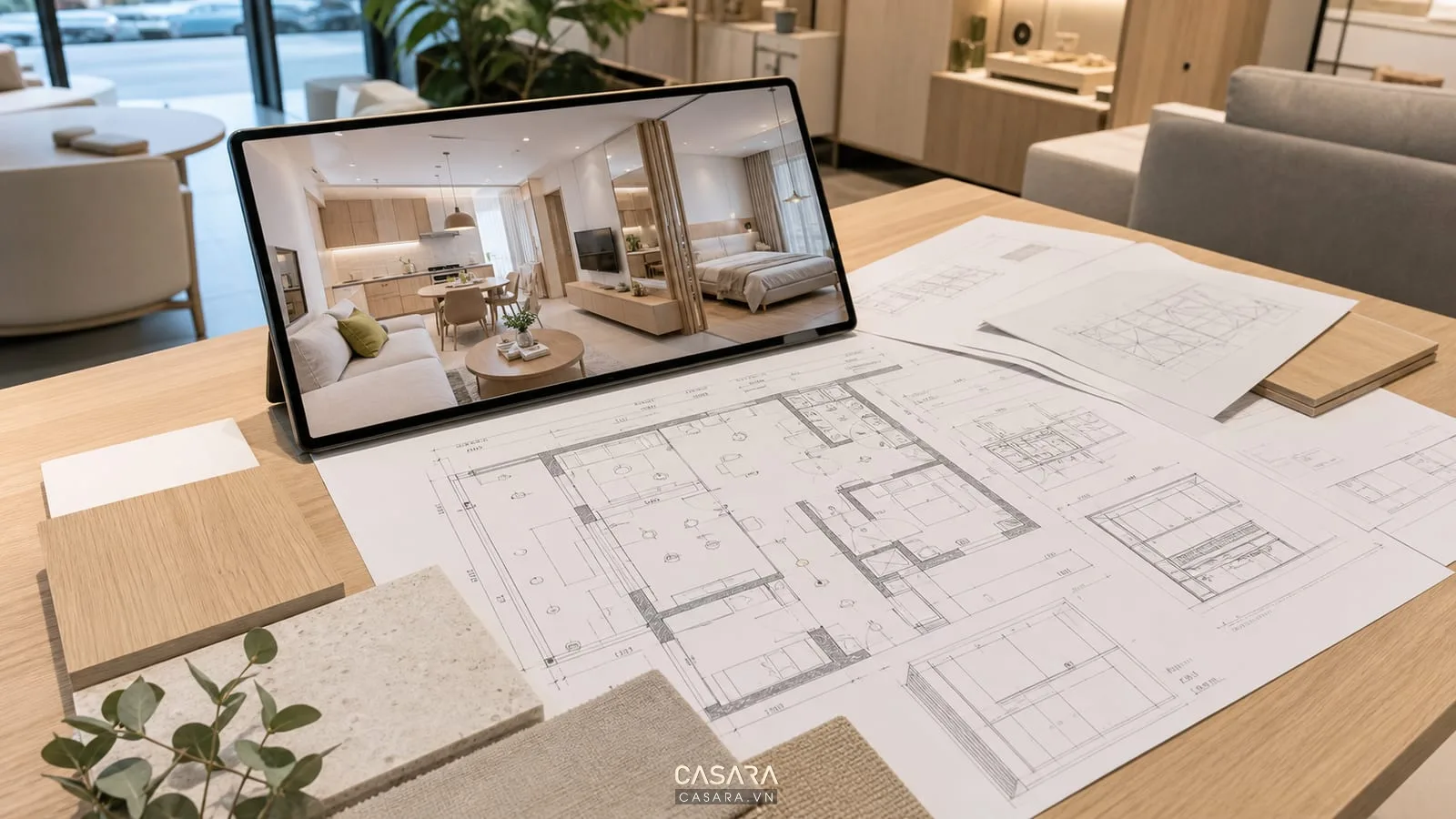 Bản vẽ thiết kế nội thất chung cư scandinavian với mặt bằng căn hộ, bảng vật liệu gỗ sáng và phối cảnh 3D