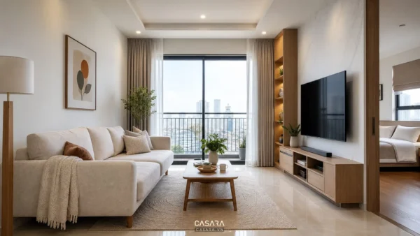 Phòng khách chung cư Sunrise Riverside với sofa sáng màu và kệ tivi gỗ hiện đại