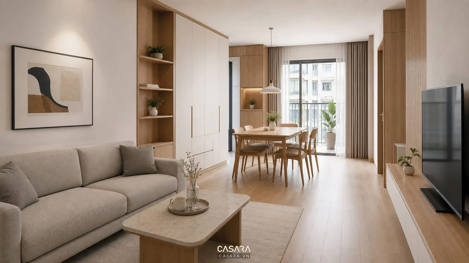 Căn hộ chung cư tối giản hoàn thiện với gỗ sáng, bàn ăn và hệ tủ kín