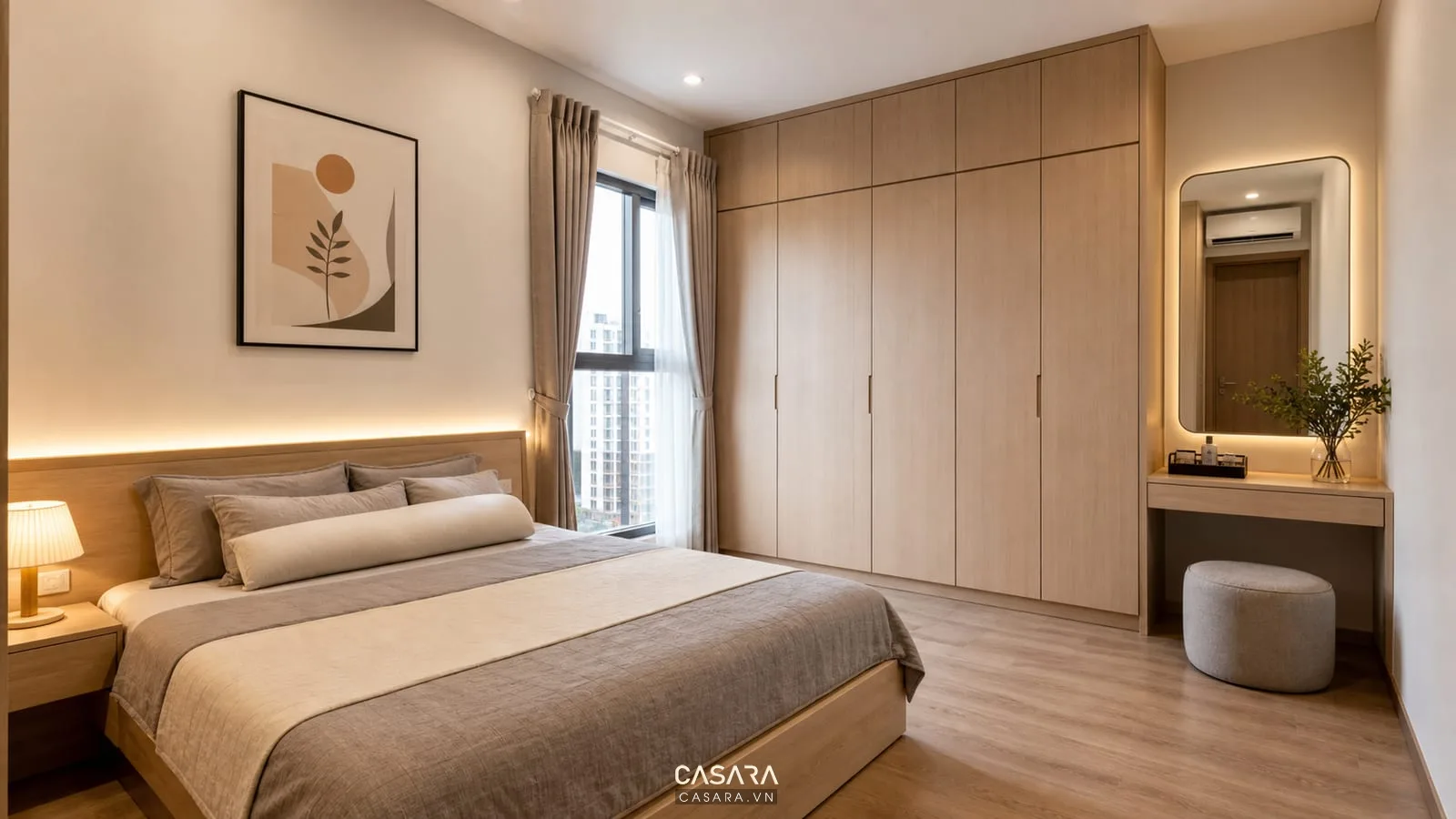 phối cảnh phòng ngủ chung cư với giường và tủ áo