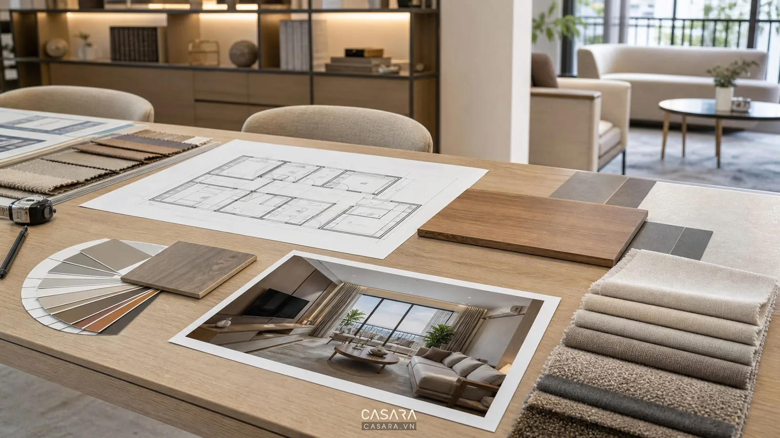 bàn tư vấn thiết kế nội thất chung cư với bản vẽ mặt bằng và mẫu vật liệu gỗ vải