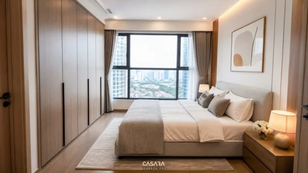 Phòng ngủ chung cư hiện đại có giường đôi, tủ áo kịch trần và cửa sổ lớn