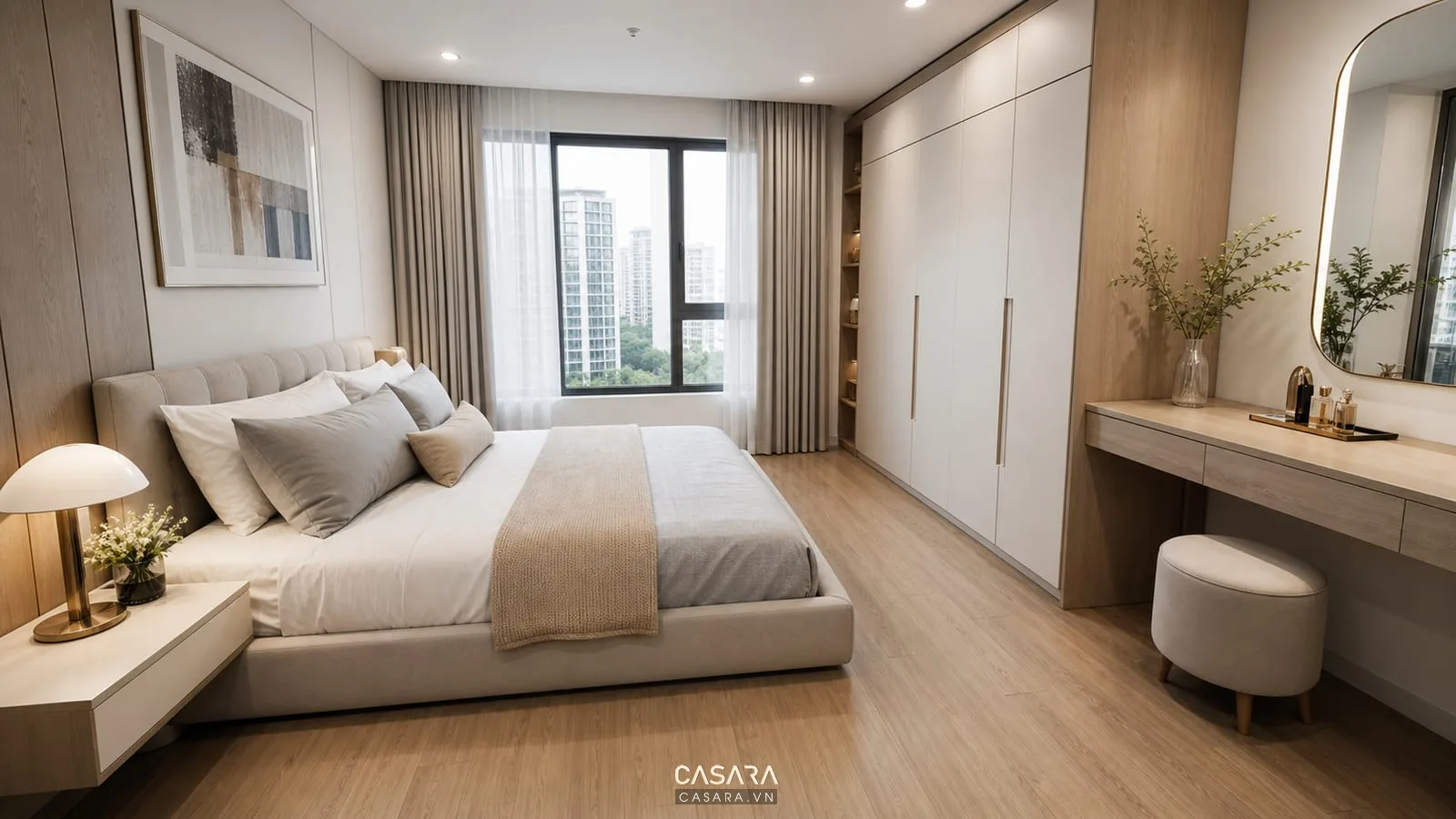 Bố cục phòng ngủ chung cư Vinhomes nhỏ với giường lệch và tủ âm tường