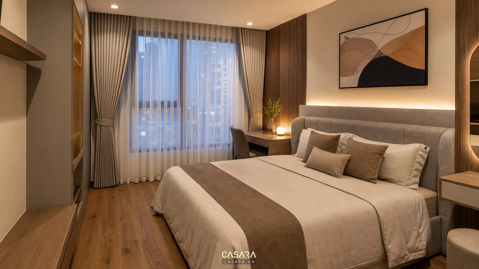 Phòng ngủ chung cư Vinhomes với rèm hai lớp và ánh sáng ấm thư giãn