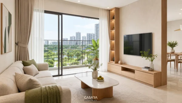 Phòng khách chung cư có sofa sáng màu, cửa kính lớn và tủ tivi gỗ