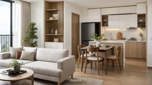 Phòng khách liền bếp với sofa sáng màu, bàn ăn nhỏ và hệ tủ bếp trắng gỗ